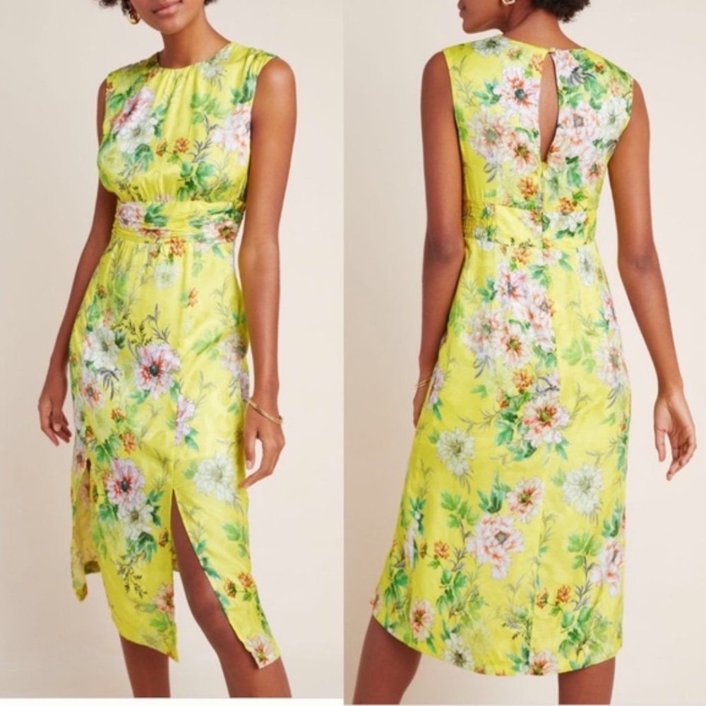 Anthropologie Sparrow Silky Midi Yellow Dress Floral Size 10
